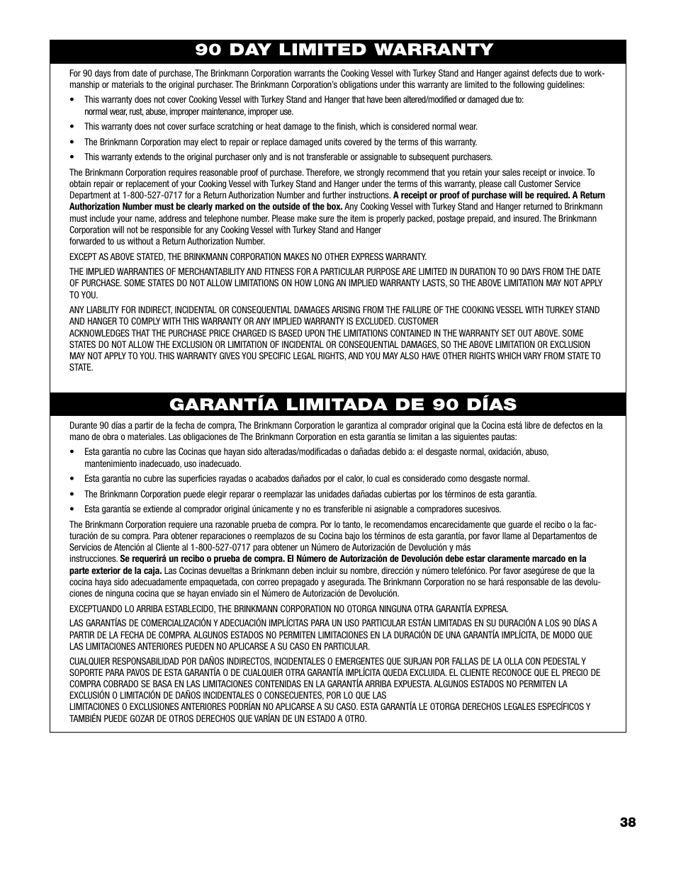 Garantía limitada de 90 días, 90 day limited warranty | Brinkmann 815-4001-S User Manual | Page 39 / 40