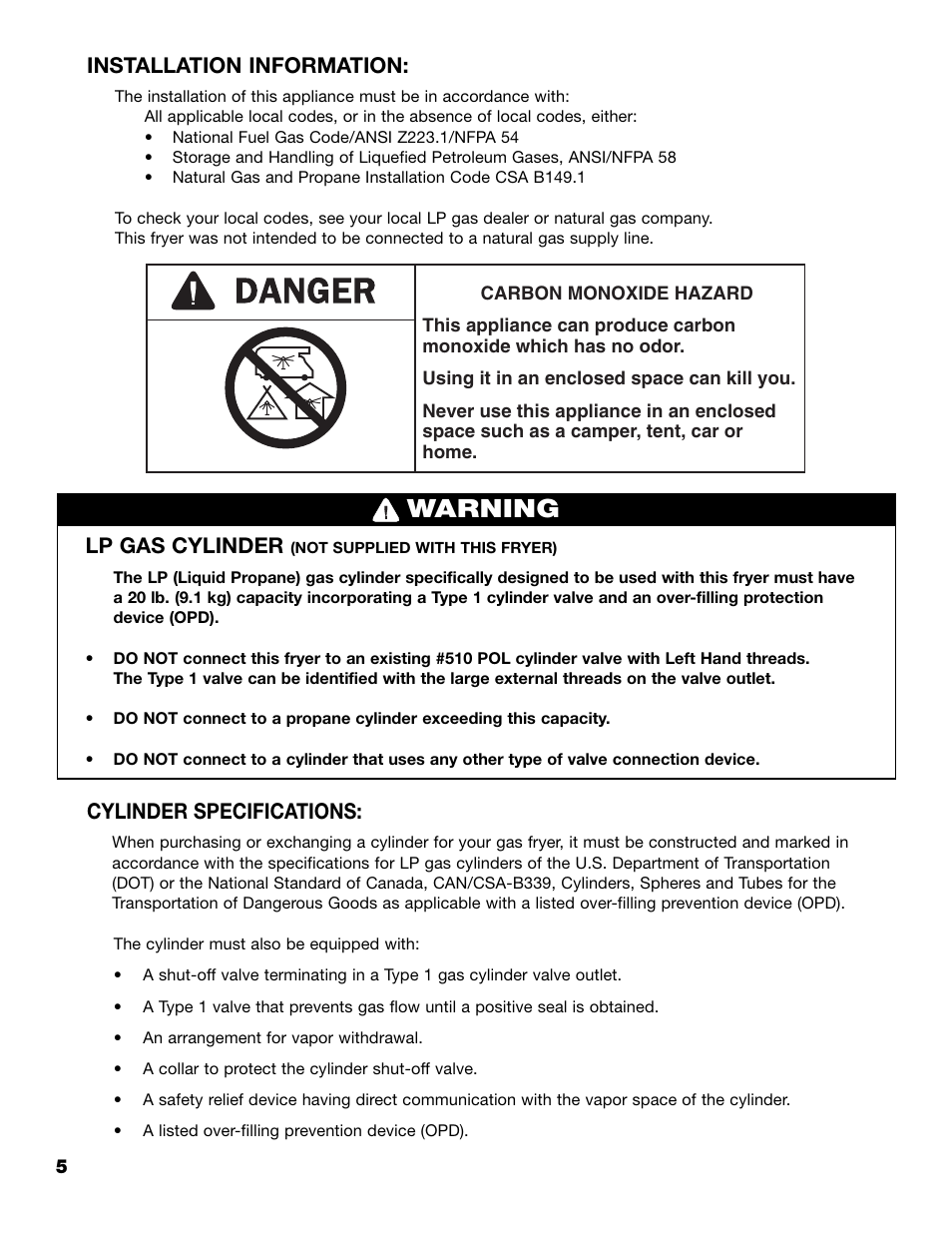Warning, Lp gas cylinder, Cylinder specifications | Installation information | Brinkmann 815-4001-S User Manual | Page 6 / 40