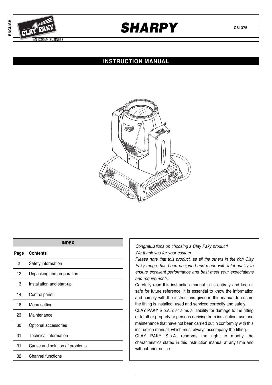 Clay Paky SHARPY (C61375) User Manual | 36 pages