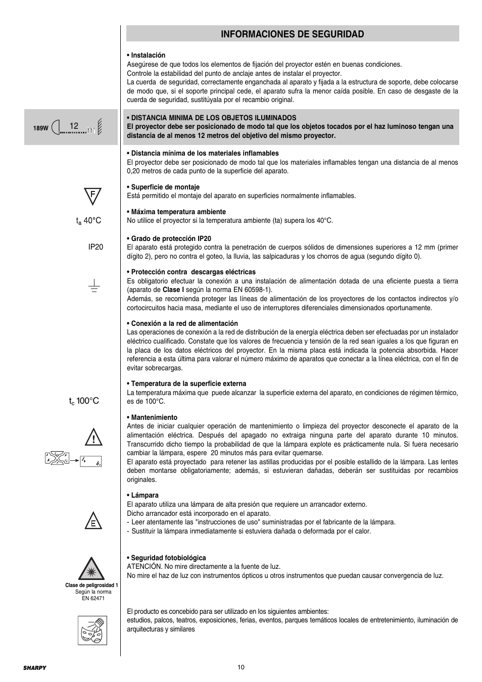 Informaciones de seguridad | Clay Paky SHARPY (C61375) User Manual | Page 10 / 36