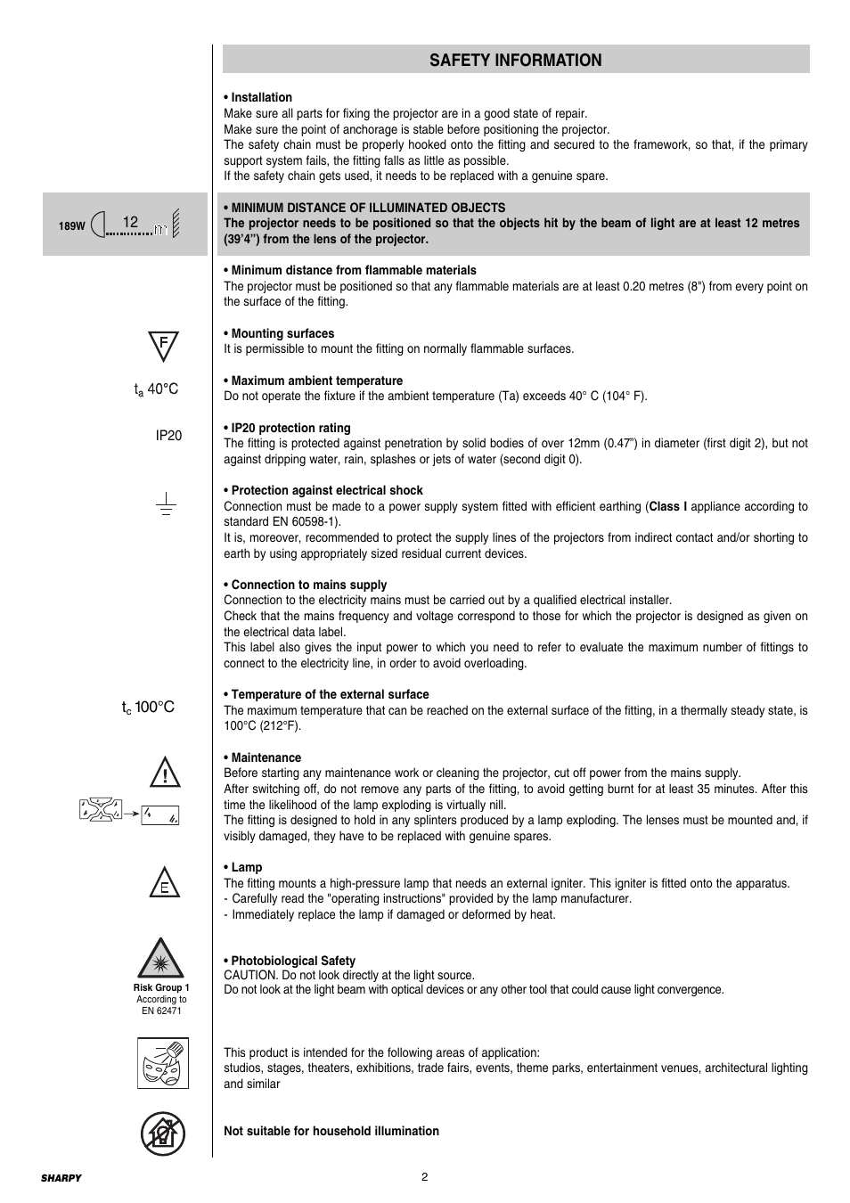 Safety information | Clay Paky SHARPY (C61375) User Manual | Page 2 / 36