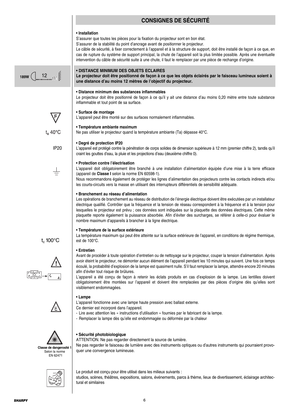 Consignes de sécurité | Clay Paky SHARPY (C61375) User Manual | Page 6 / 36