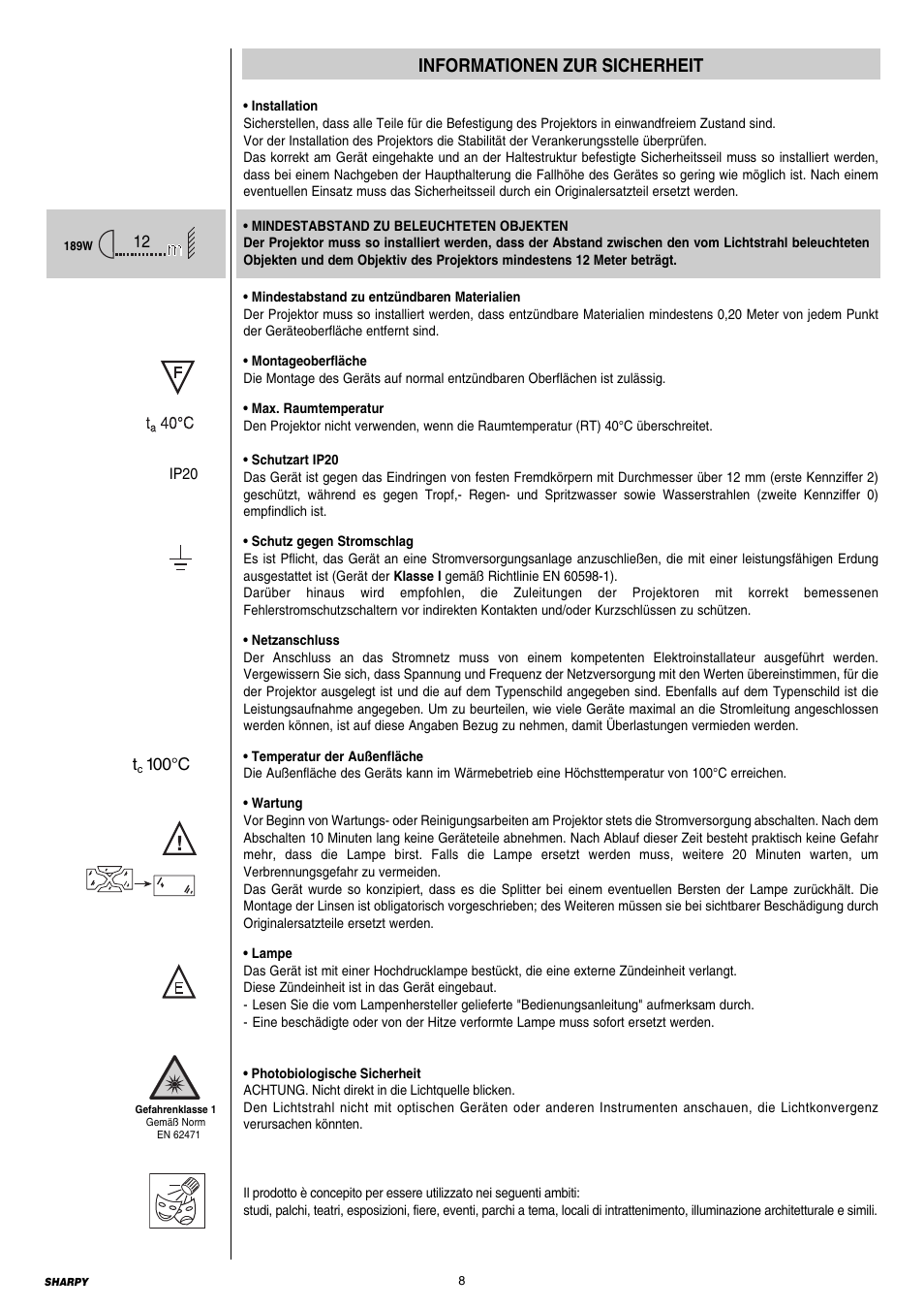 Informationen zur sicherheit | Clay Paky SHARPY (C61375) User Manual | Page 8 / 36