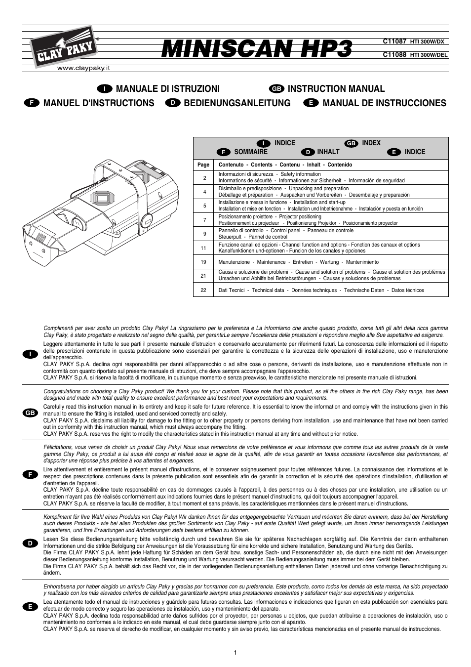 Clay Paky MINISCAN HP3 (C11088 HTI 300W/DEL) User Manual | 24 pages