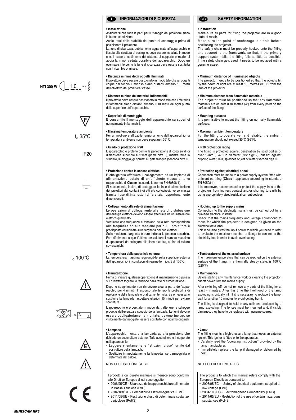 35 °c t, 100 °c, Ip20 | Clay Paky MINISCAN HP3 (C11088 HTI 300W/DEL) User Manual | Page 2 / 24