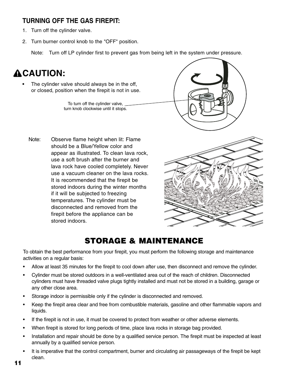 Caution, Storage & maintenance, Turning off the gas firepit | Brinkmann Gas FirePit User Manual | Page 12 / 40