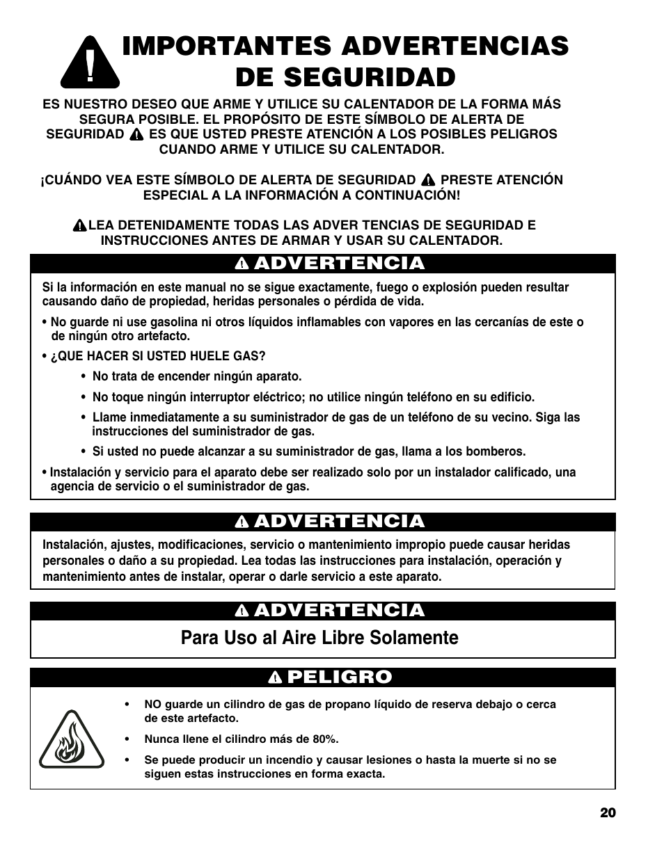 Importantes advertencias de seguridad, Para uso al aire libre solamente, Advertencia | Advertencia peligro | Brinkmann Gas FirePit User Manual | Page 21 / 40