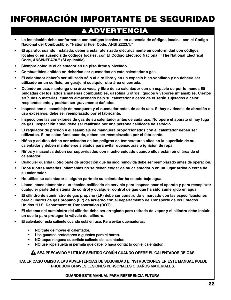 Información importante de seguridad, Advertencia | Brinkmann Gas FirePit User Manual | Page 23 / 40