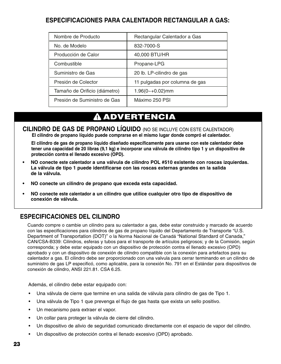 Advertencia, Especificaciones para calentador rectangular a gas, Cilindro de gas de propano líquido | Especificaciones del cilindro | Brinkmann Gas FirePit User Manual | Page 24 / 40