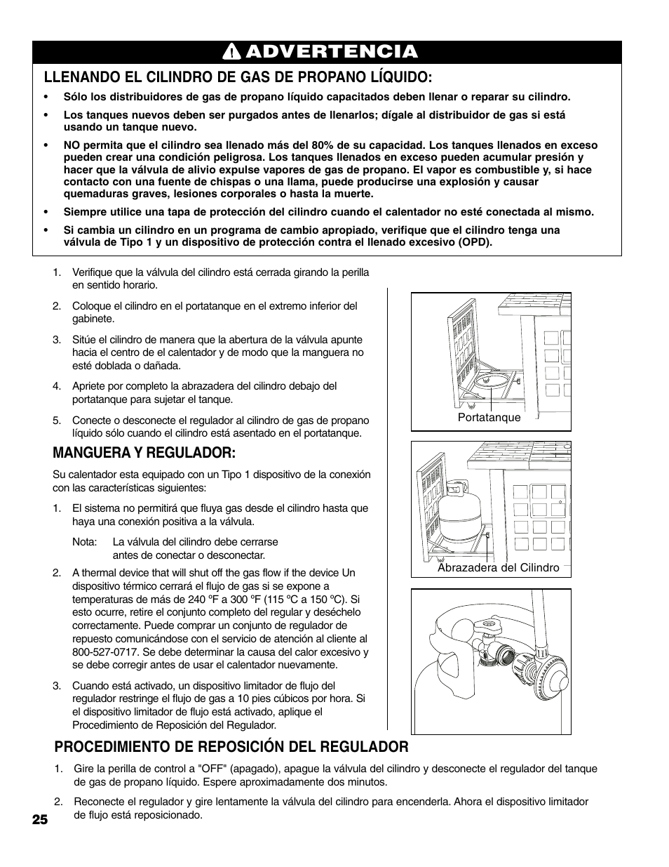 Advertencia, Manguera y regulador, Llenando el cilindro de gas de propano líquido | Procedimiento de reposición del regulador | Brinkmann Gas FirePit User Manual | Page 26 / 40