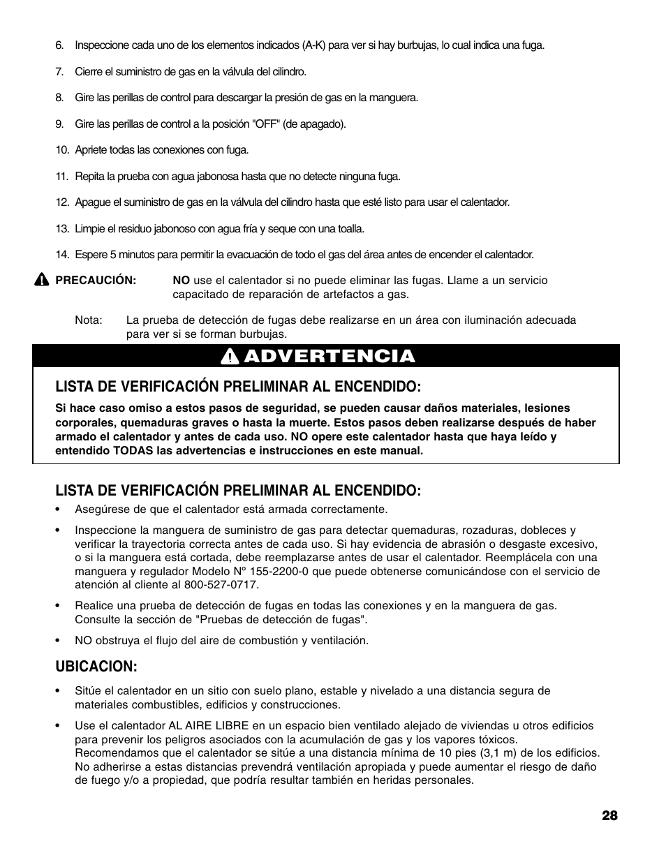 Advertencia, Lista de verificación preliminar al encendido, Ubicacion | Brinkmann Gas FirePit User Manual | Page 29 / 40