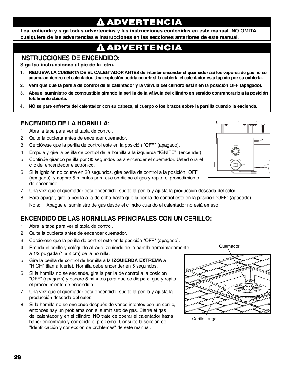 Advertencia, Encendido de la hornilla, Instrucciones de encendido | Brinkmann Gas FirePit User Manual | Page 30 / 40
