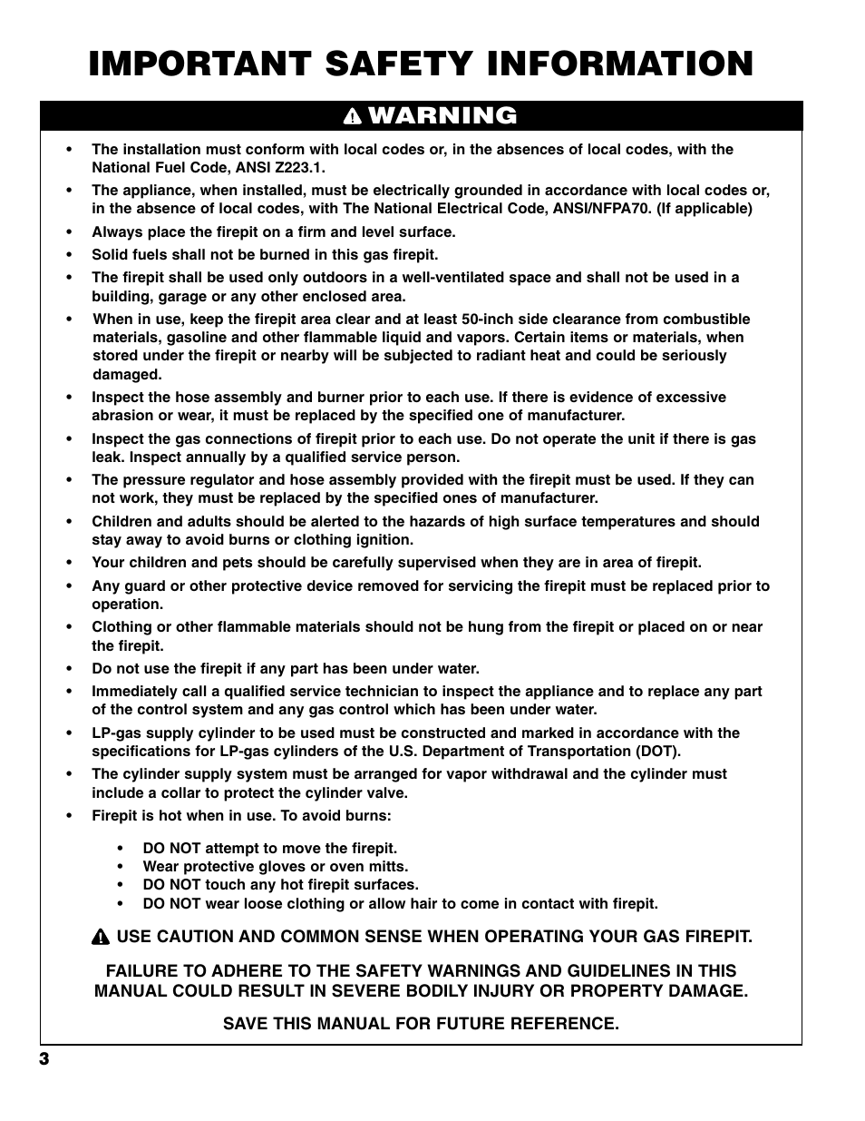 Important safety information, Warning | Brinkmann Gas FirePit User Manual | Page 4 / 40