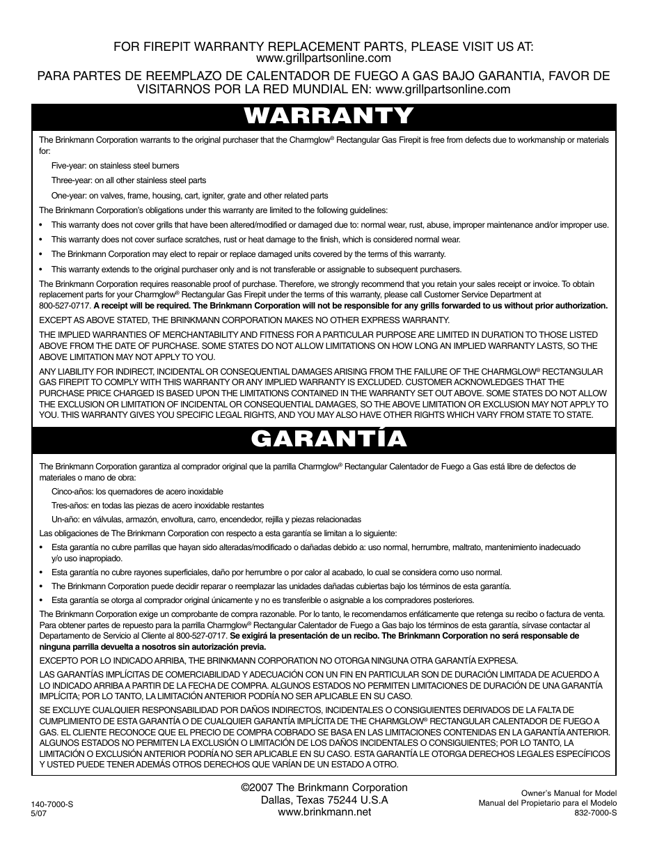 Warranty garantía | Brinkmann Gas FirePit User Manual | Page 40 / 40