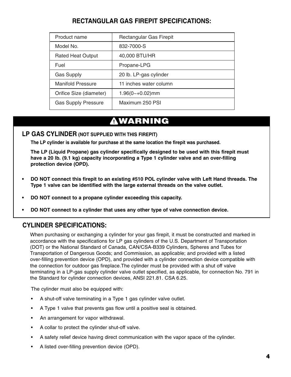 Warning, Lp gas cylinder, Cylinder specifications | Rectangular gas firepit specifications | Brinkmann Gas FirePit User Manual | Page 5 / 40