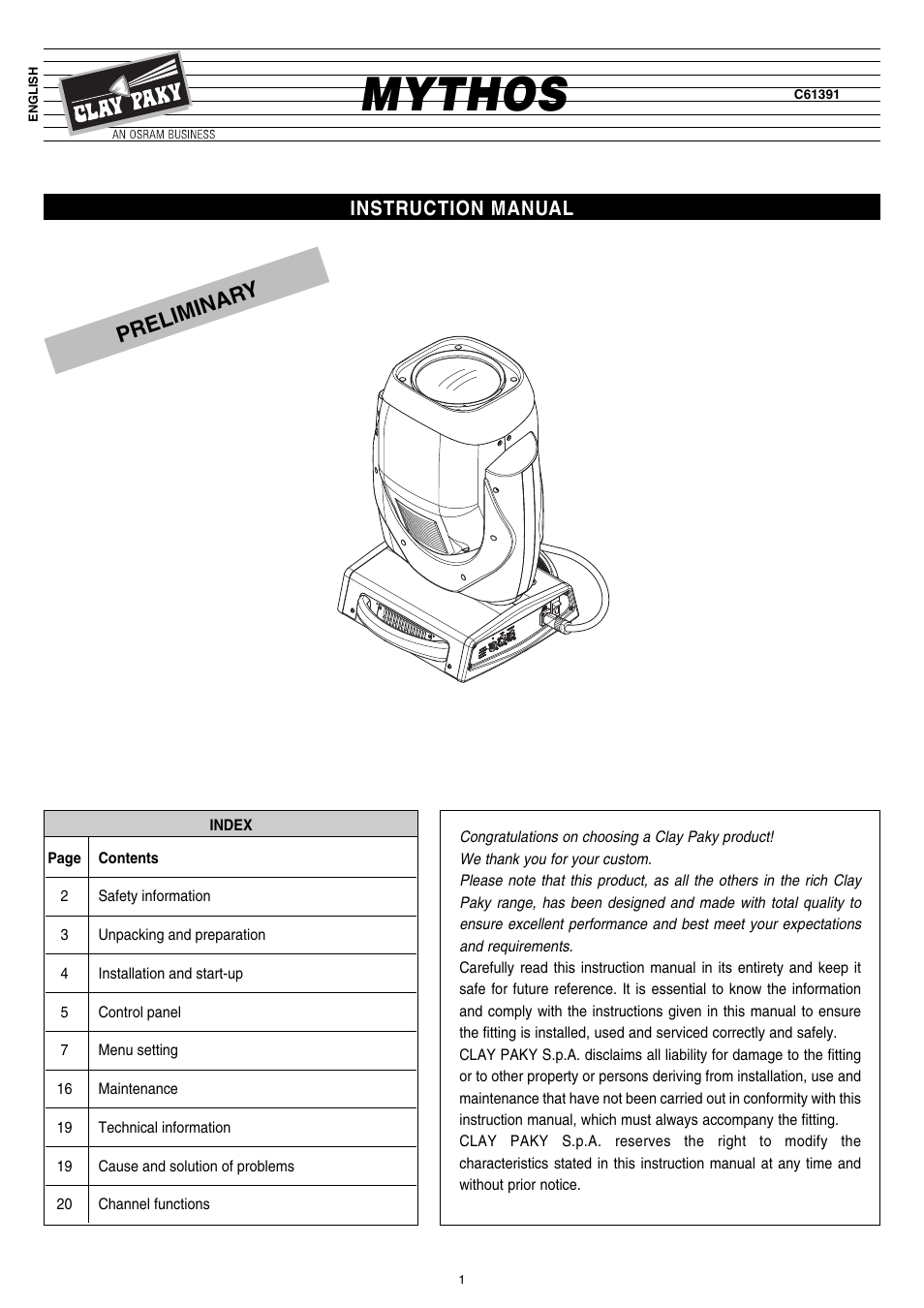 Clay Paky MYTHOS (C61391) PRELIMINARY User Manual | 32 pages