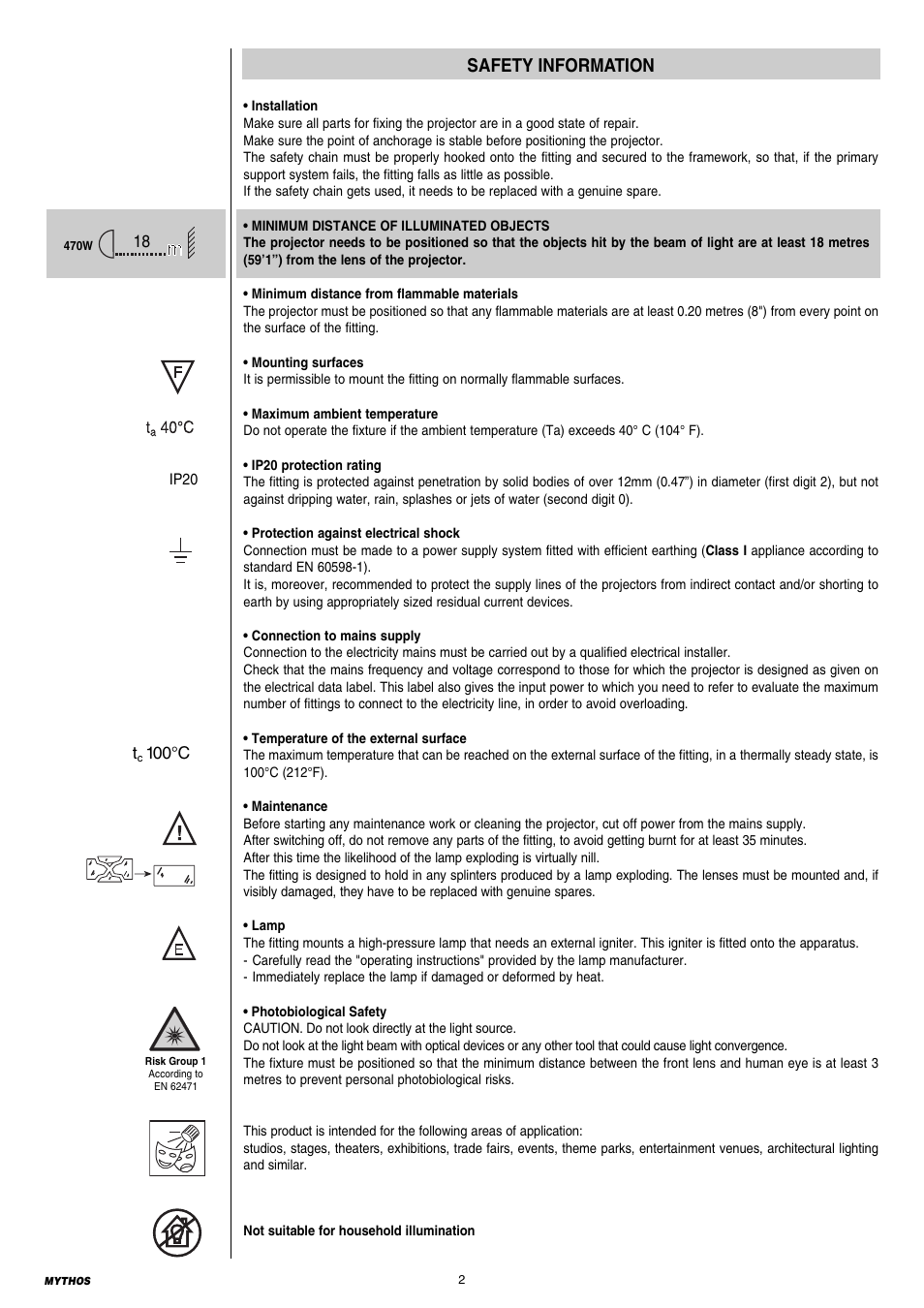 Safety information | Clay Paky MYTHOS (C61391) PRELIMINARY User Manual | Page 2 / 32