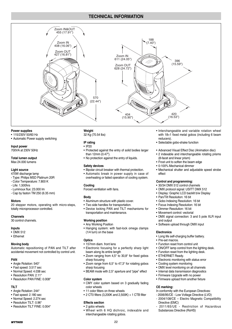Technical information | Clay Paky MYTHOS (C61391) PRELIMINARY User Manual | Page 22 / 32