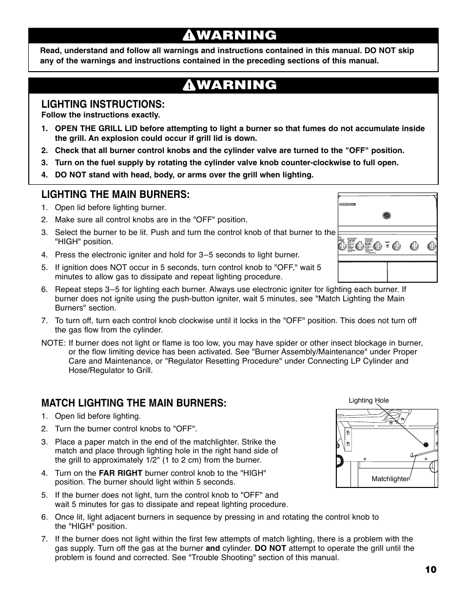 Warning, Lighting instructions, Lighting the main burners | Match lighting the main burners | Brinkmann ProSeries 4655 User Manual | Page 11 / 36