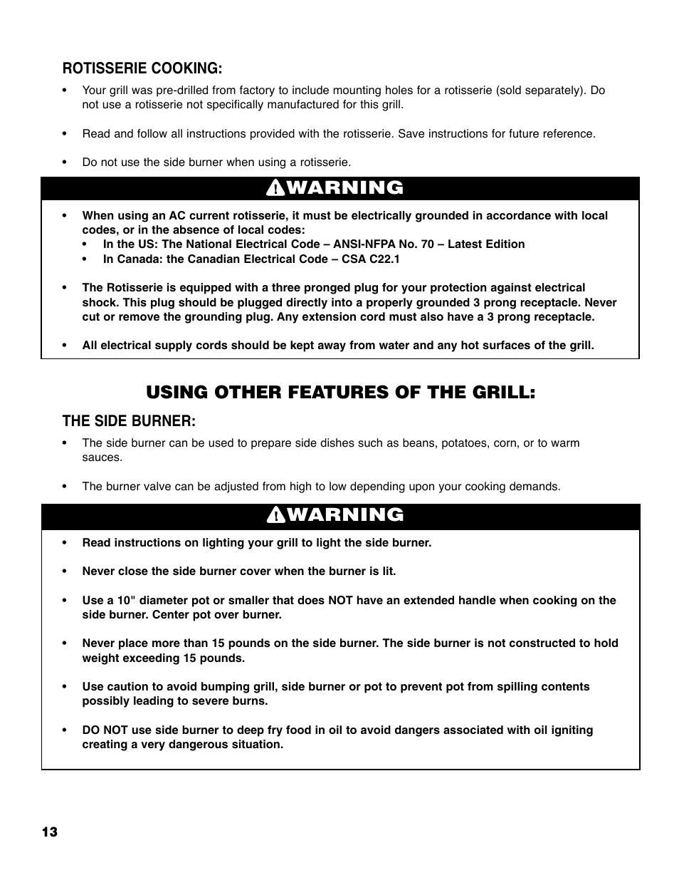 Warning, Using other features of the grill, Rotisserie cooking | The side burner | Brinkmann ProSeries 4655 User Manual | Page 14 / 36