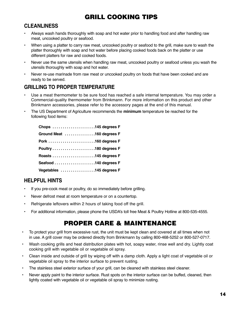 Grill cooking tips, Proper care & maintenance, Cleanliness | Grilling to proper temperature, Helpful hints | Brinkmann ProSeries 4655 User Manual | Page 15 / 36