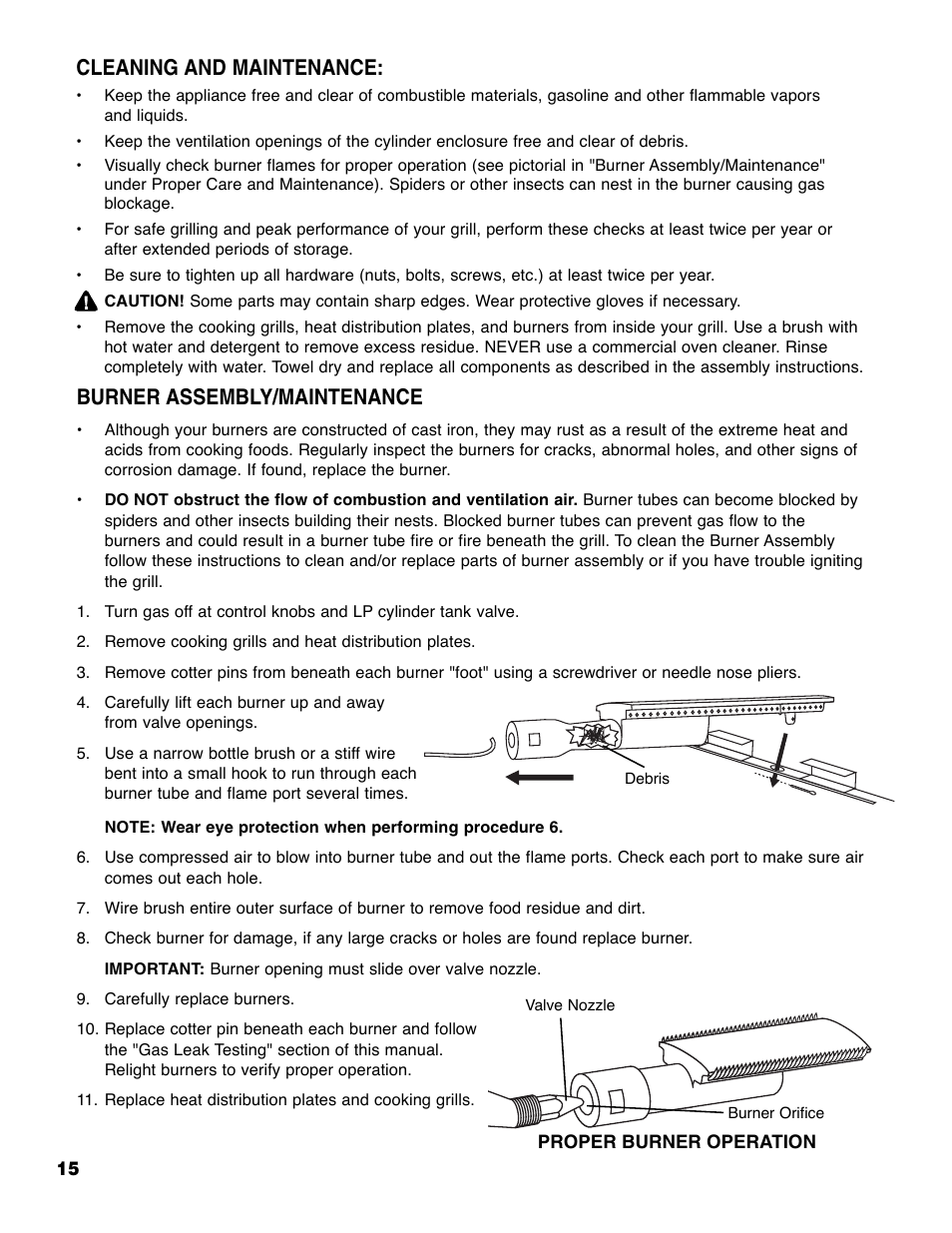 Burner assembly/maintenance, Cleaning and maintenance | Brinkmann ProSeries 4655 User Manual | Page 16 / 36
