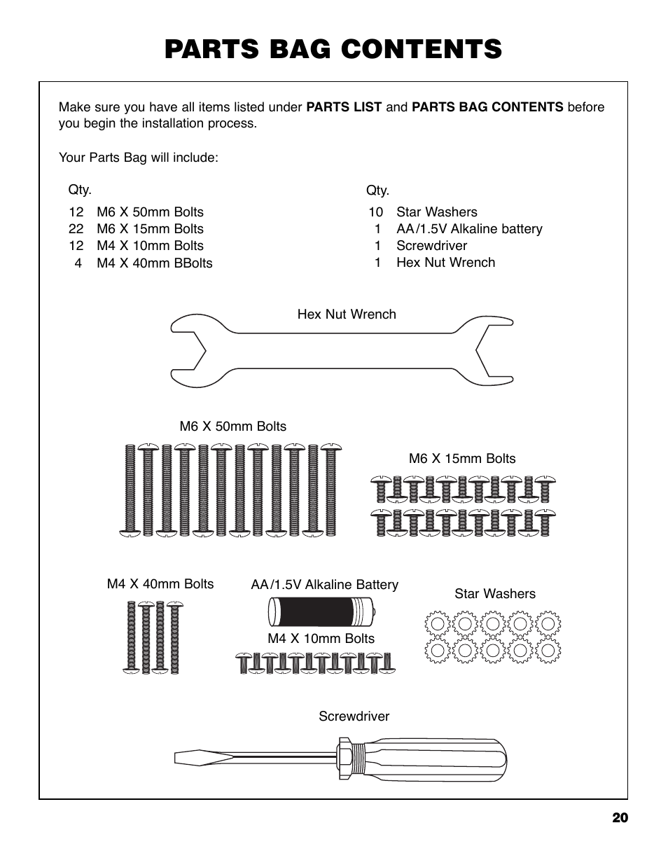 Parts bag contents | Brinkmann ProSeries 4655 User Manual | Page 21 / 36