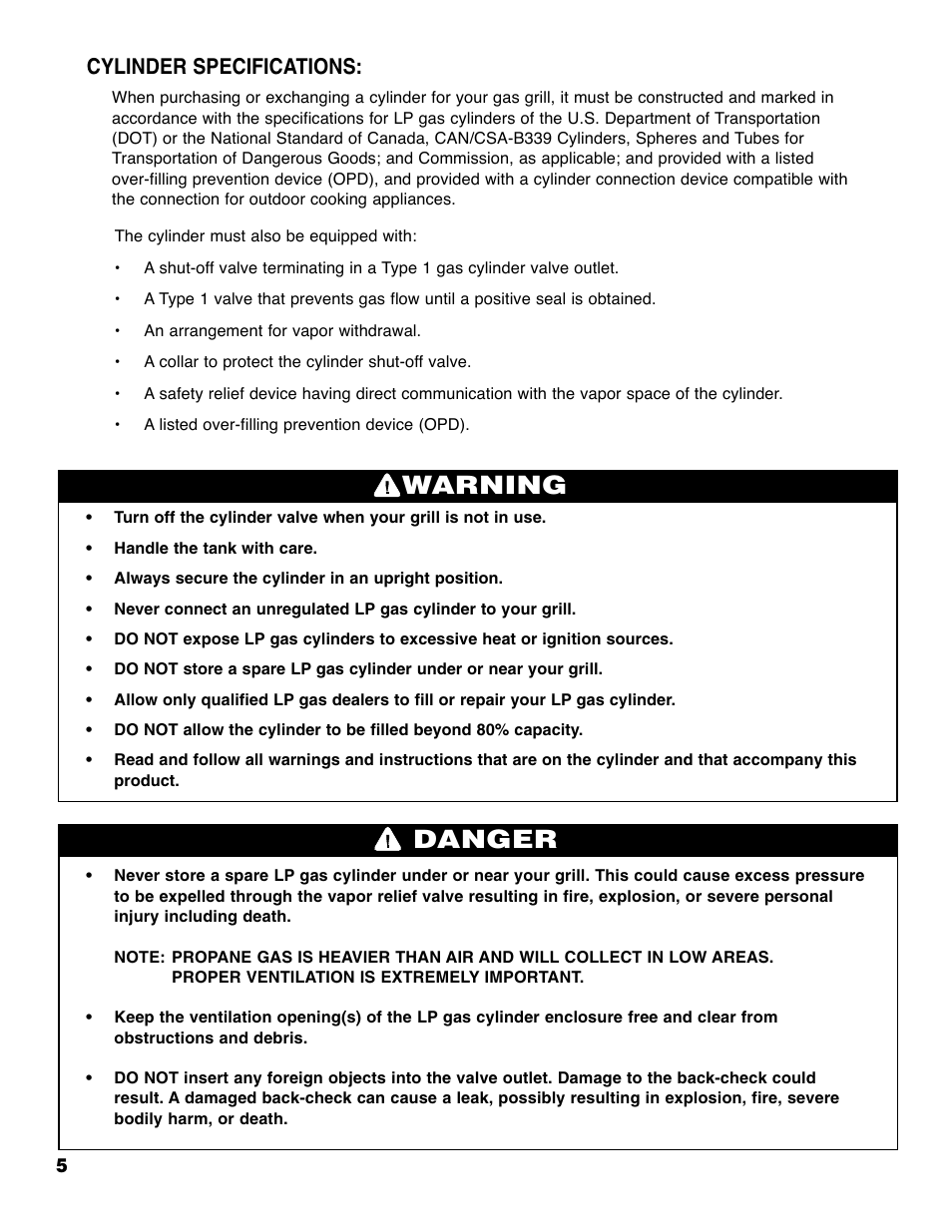 Warning danger, Cylinder specifications | Brinkmann ProSeries 4655 User Manual | Page 6 / 36