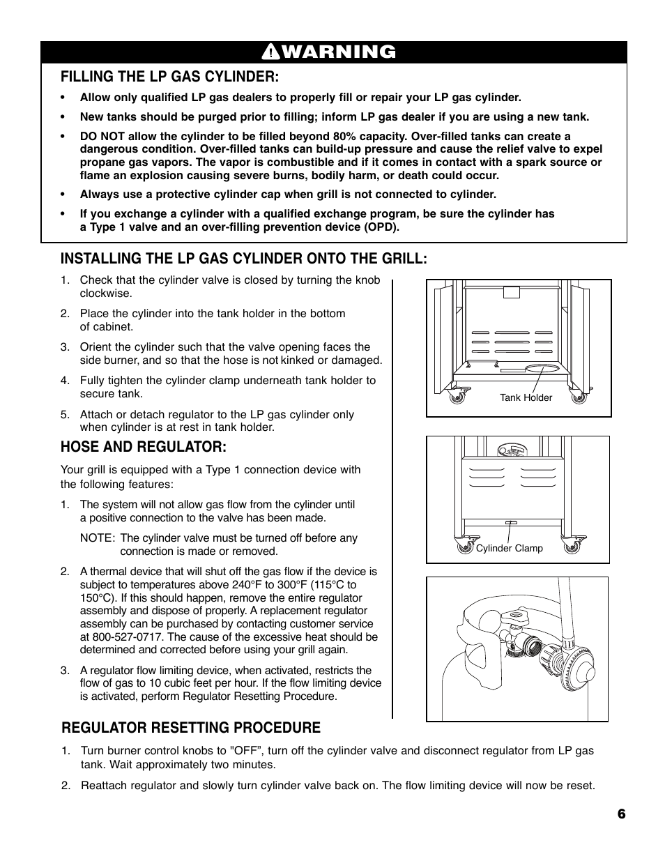 Warning, Filling the lp gas cylinder, Installing the lp gas cylinder onto the grill | Hose and regulator, Regulator resetting procedure | Brinkmann ProSeries 4655 User Manual | Page 7 / 36