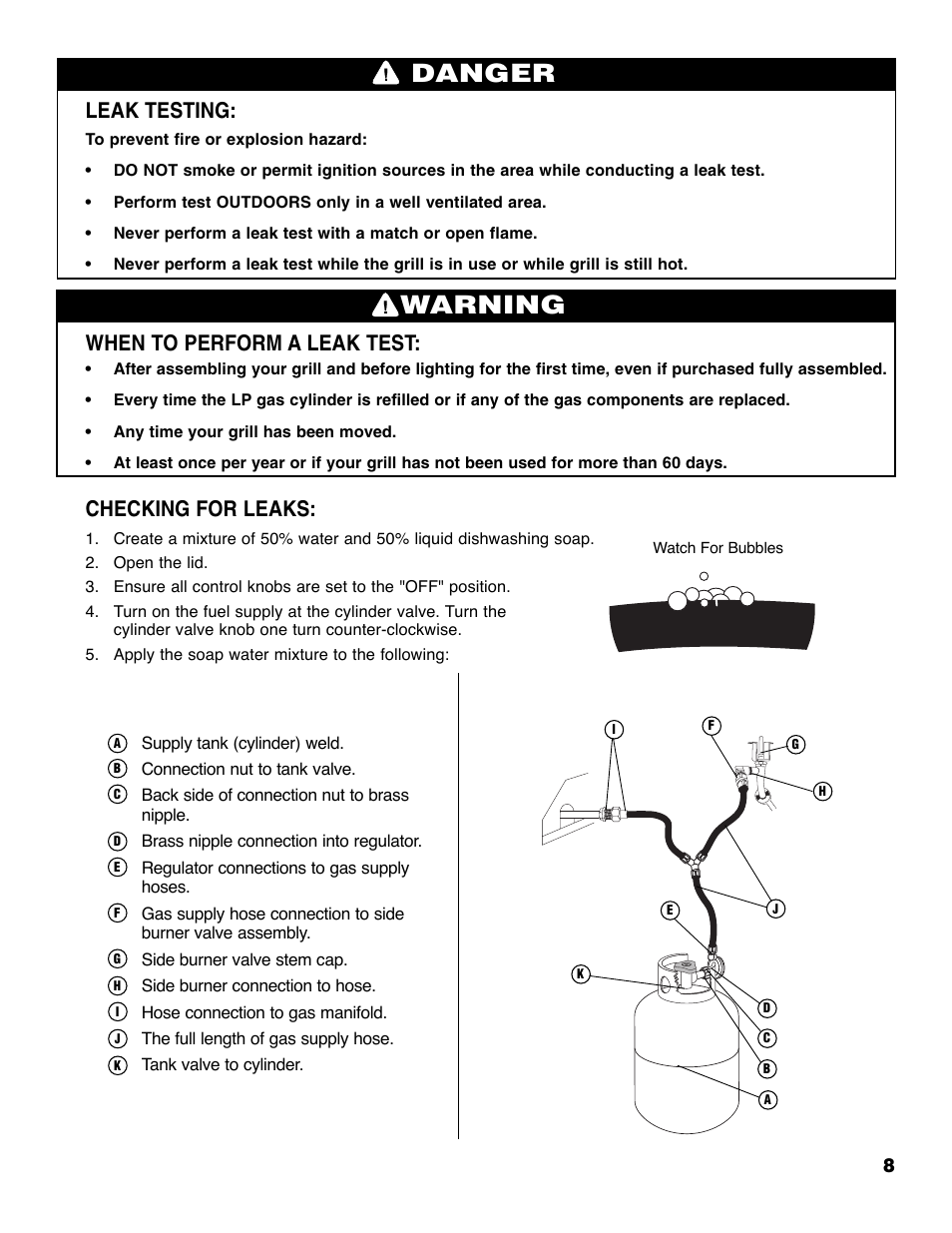 Warning, Danger, Leak testing | When to perform a leak test, Checking for leaks | Brinkmann ProSeries 4655 User Manual | Page 9 / 36