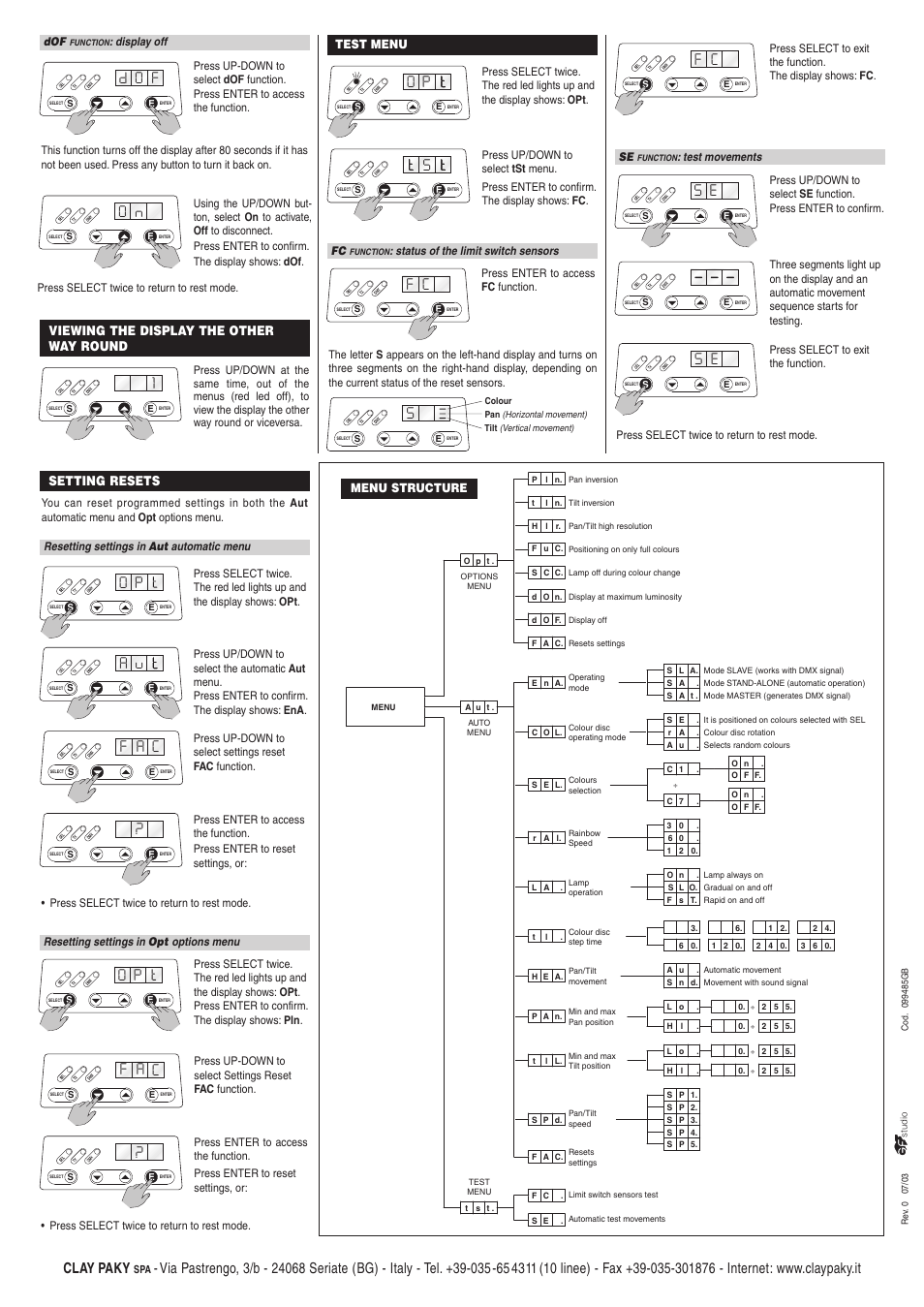 O f d, Cf a, Clay paky | Viewing the display the other way round, Setting resets | Clay Paky POINT MH (12V 50W) User Manual | Page 4 / 4