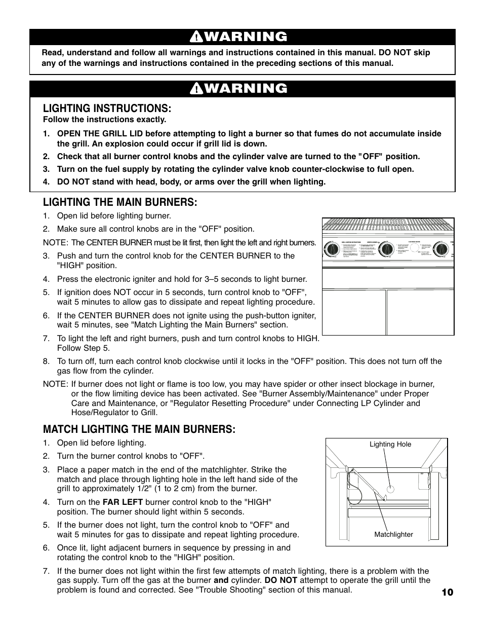 Warning, Lighting instructions, Lighting the main burners | Match lighting the main burners, Lighting hole matchlighter | Brinkmann 2210 Series User Manual | Page 11 / 32