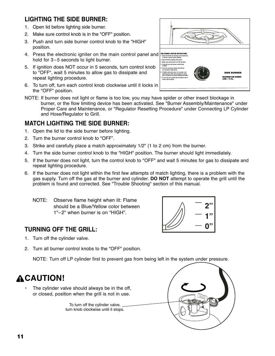 Caution, Lighting the side burner, Match lighting the side burner | Turning off the grill | Brinkmann 2210 Series User Manual | Page 12 / 32