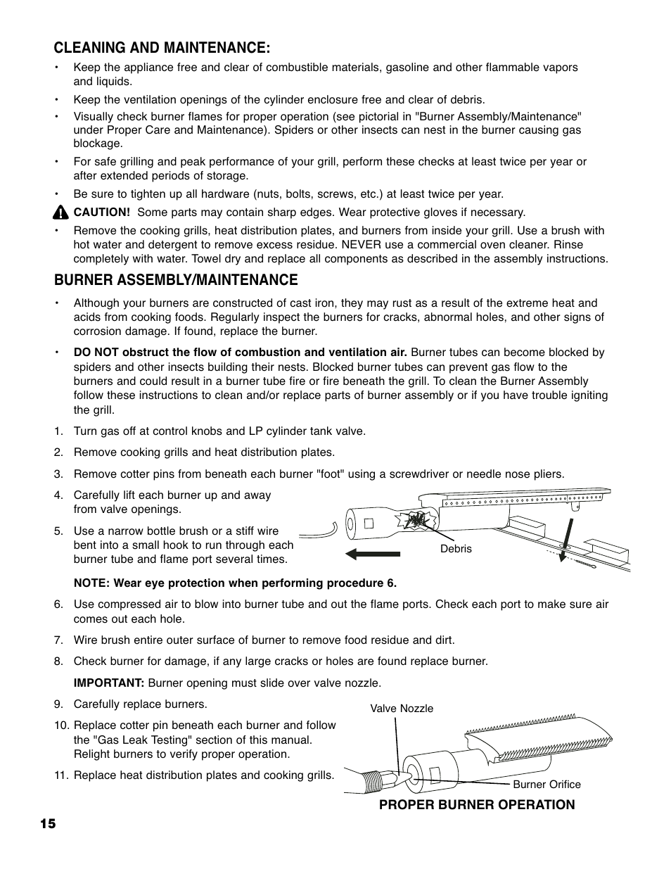 Burner assembly/maintenance, Cleaning and maintenance | Brinkmann 2210 Series User Manual | Page 16 / 32