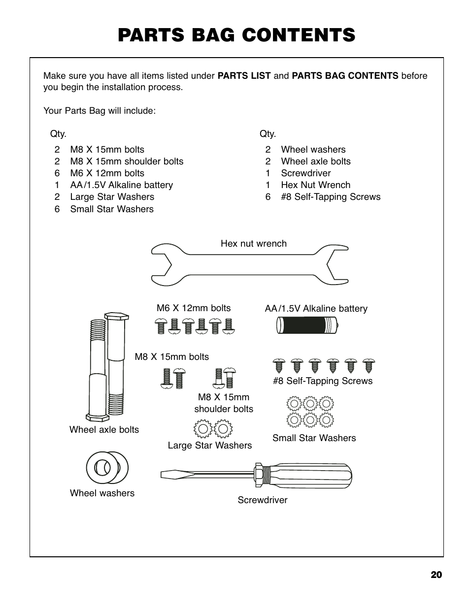 Parts bag contents | Brinkmann 2210 Series User Manual | Page 21 / 32