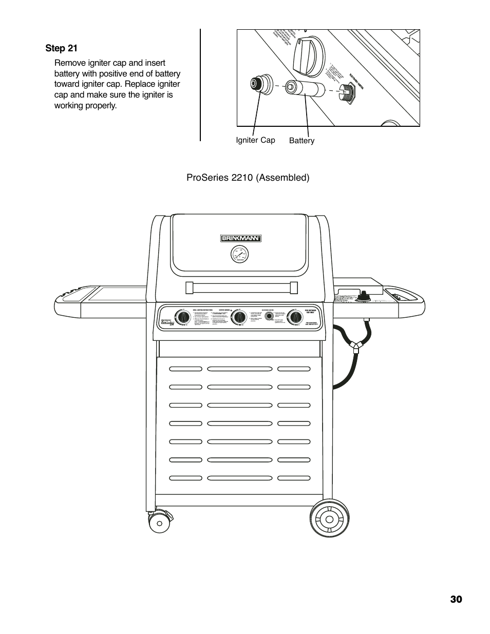 Step 21, Proseries 2210 (assembled), Igniter cap battery | Brinkmann 2210 Series User Manual | Page 31 / 32