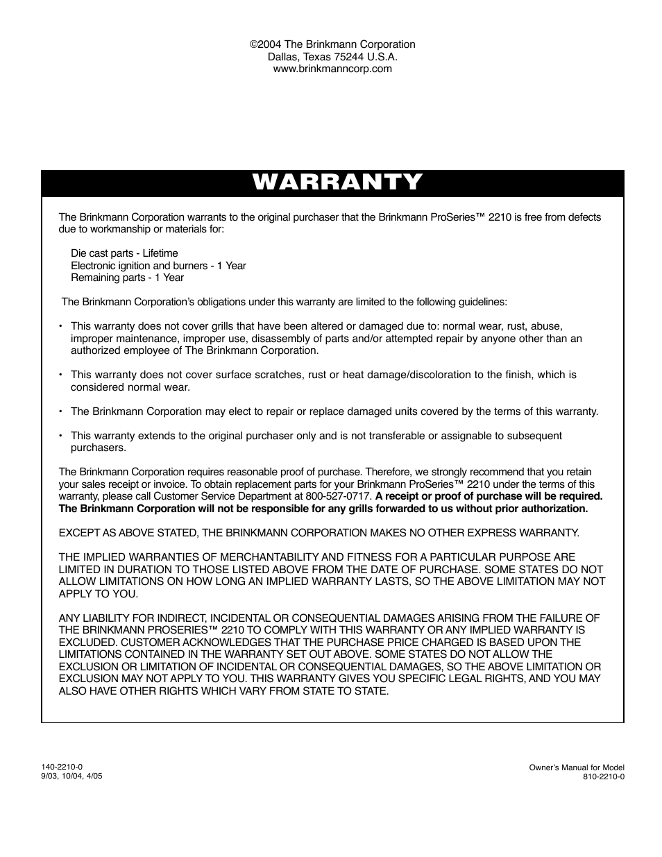 Warranty | Brinkmann 2210 Series User Manual | Page 32 / 32