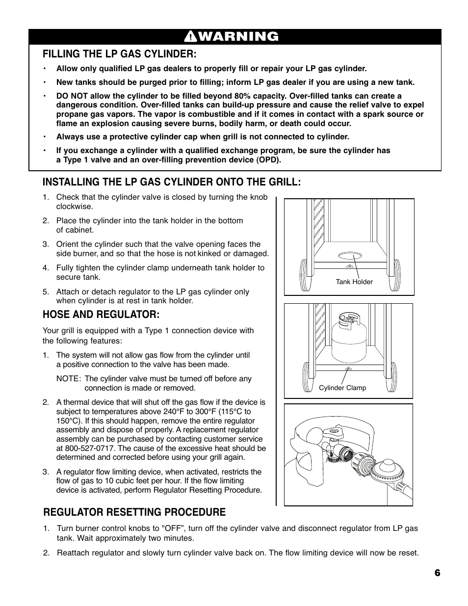 Warning, Filling the lp gas cylinder, Installing the lp gas cylinder onto the grill | Hose and regulator, Regulator resetting procedure | Brinkmann 2210 Series User Manual | Page 7 / 32