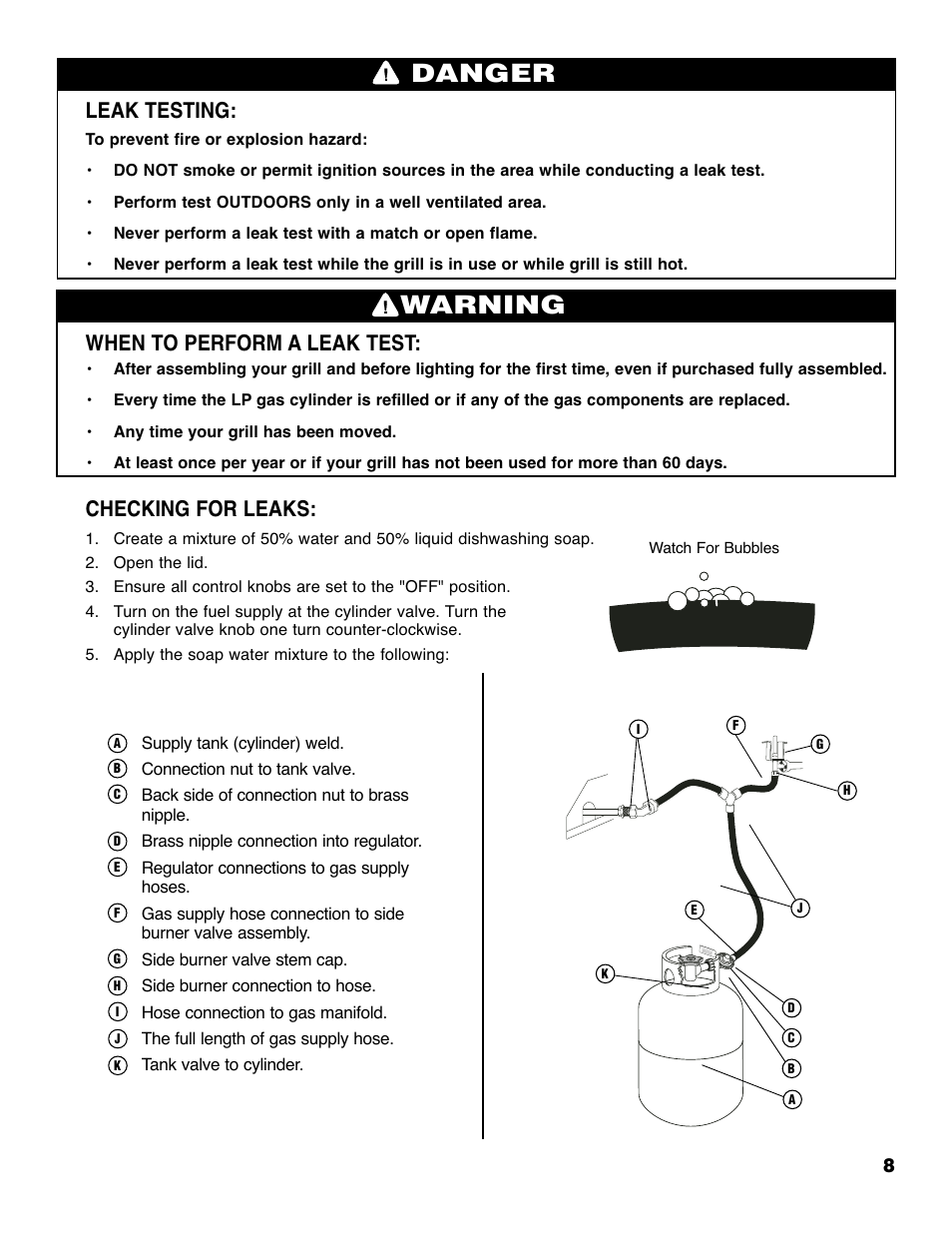Warning, Danger, Leak testing | When to perform a leak test, Checking for leaks | Brinkmann 2210 Series User Manual | Page 9 / 32