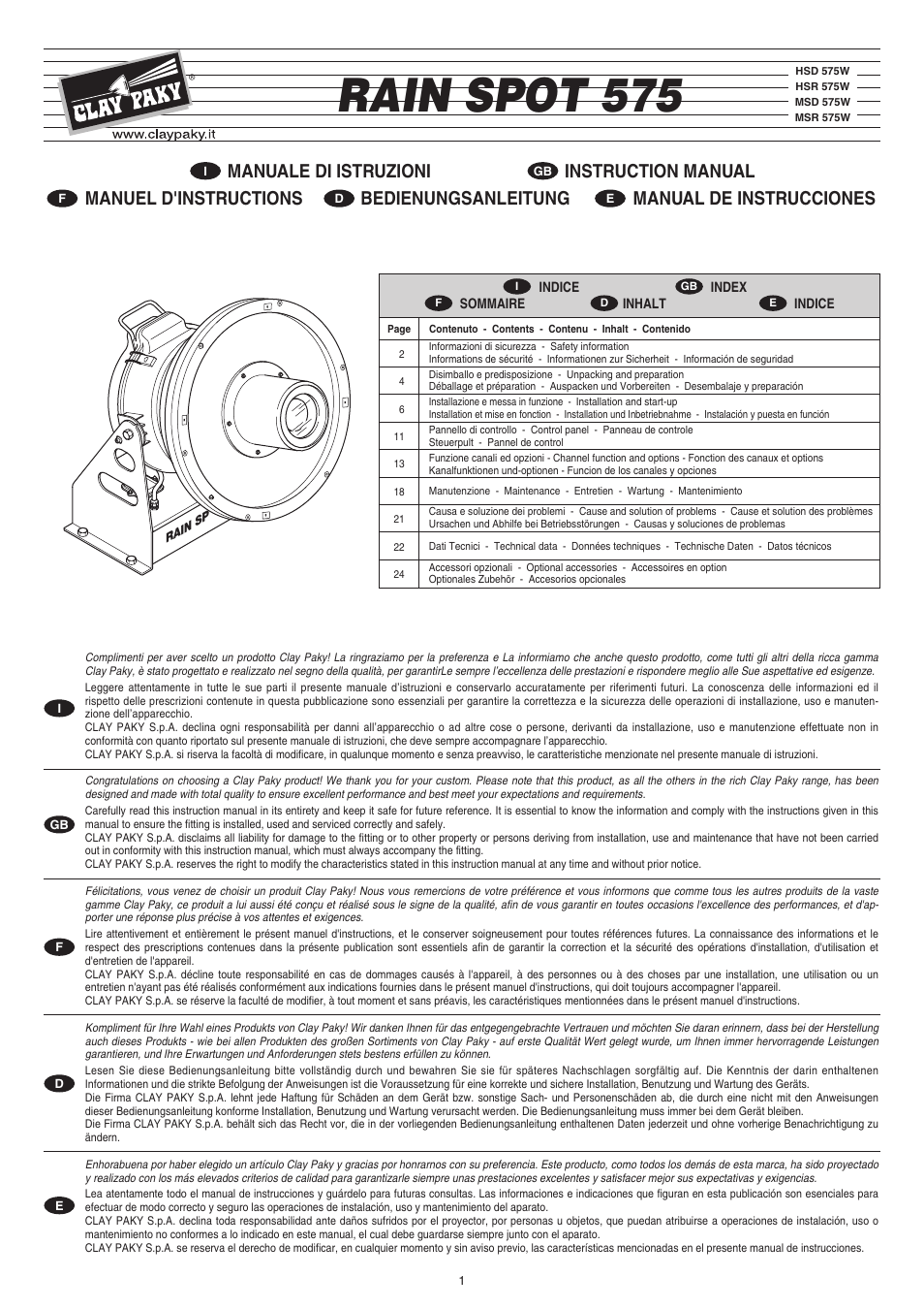 Clay Paky RAIN SPOT 575 (MSR 575W) User Manual | 24 pages