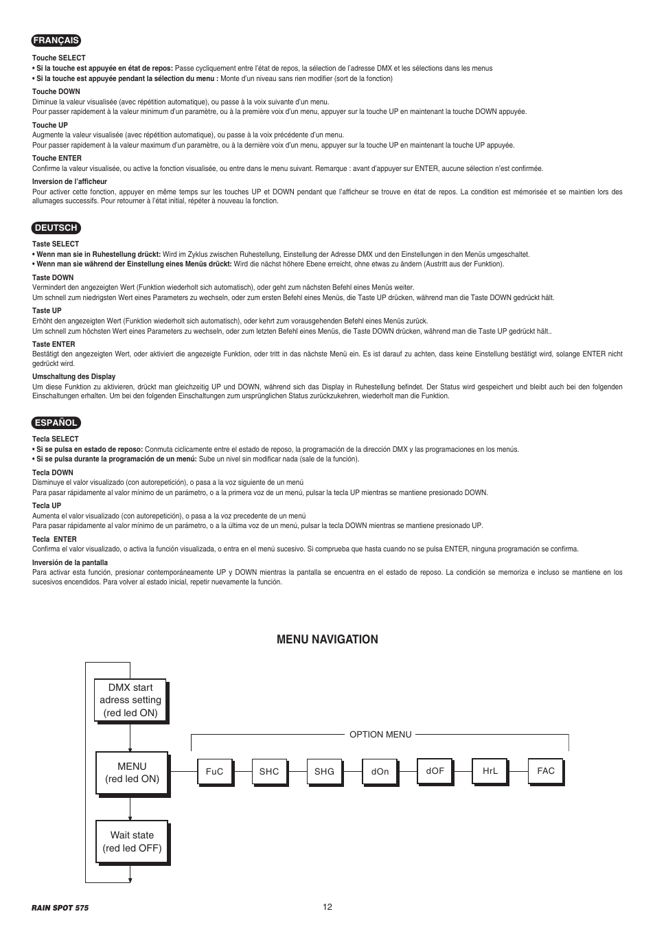 Menu navigation | Clay Paky RAIN SPOT 575 (MSR 575W) User Manual | Page 12 / 24