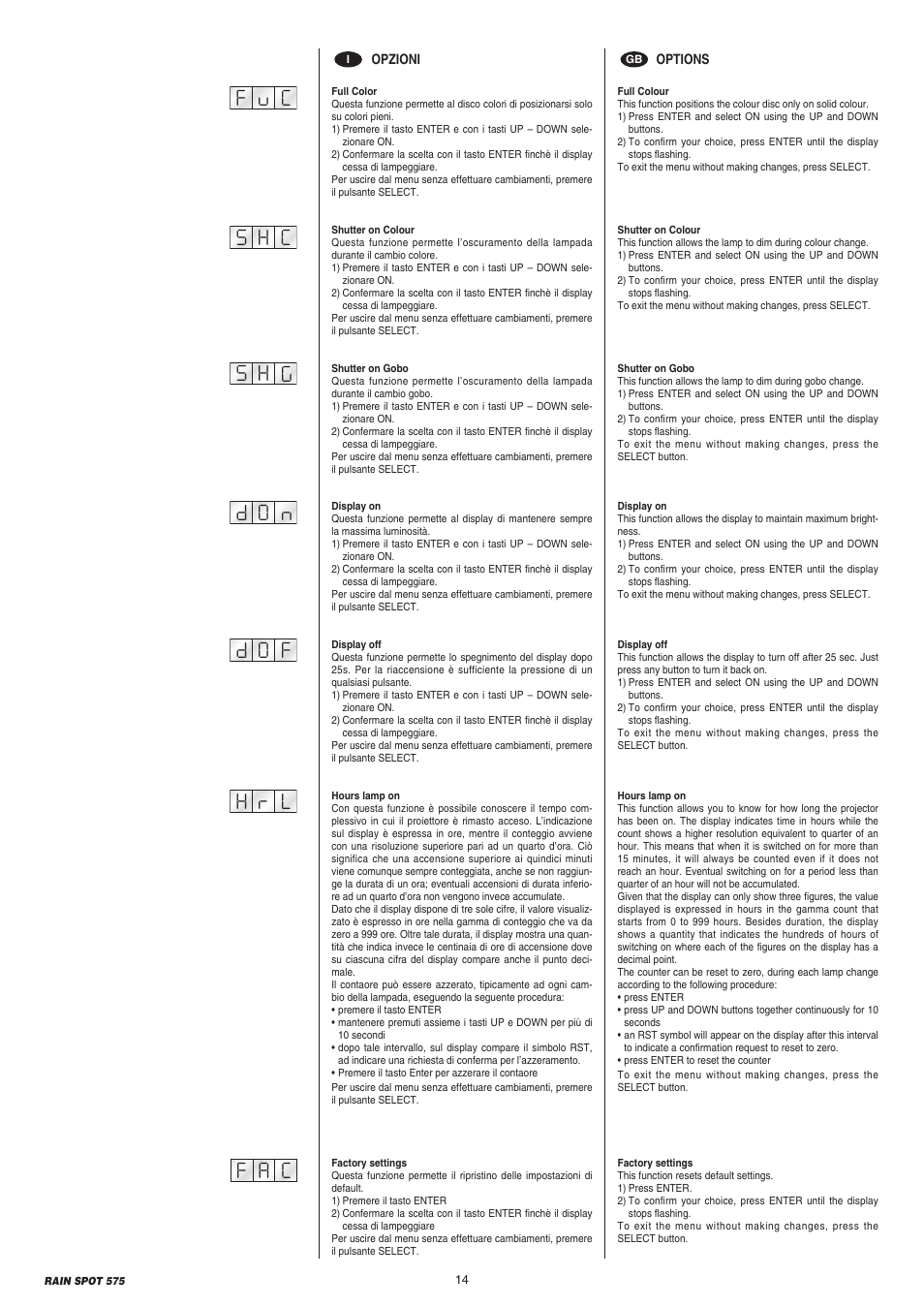 Clay Paky RAIN SPOT 575 (MSR 575W) User Manual | Page 14 / 24