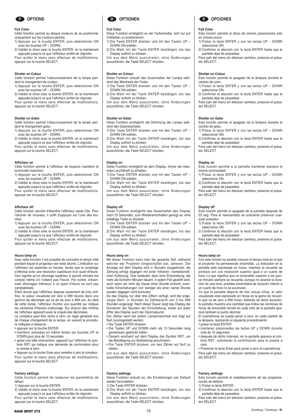 Clay Paky RAIN SPOT 575 (MSR 575W) User Manual | Page 15 / 24