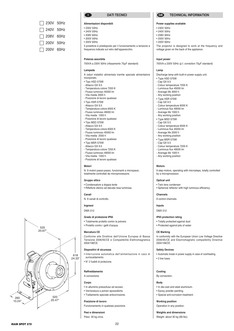 Clay Paky RAIN SPOT 575 (MSR 575W) User Manual | Page 22 / 24