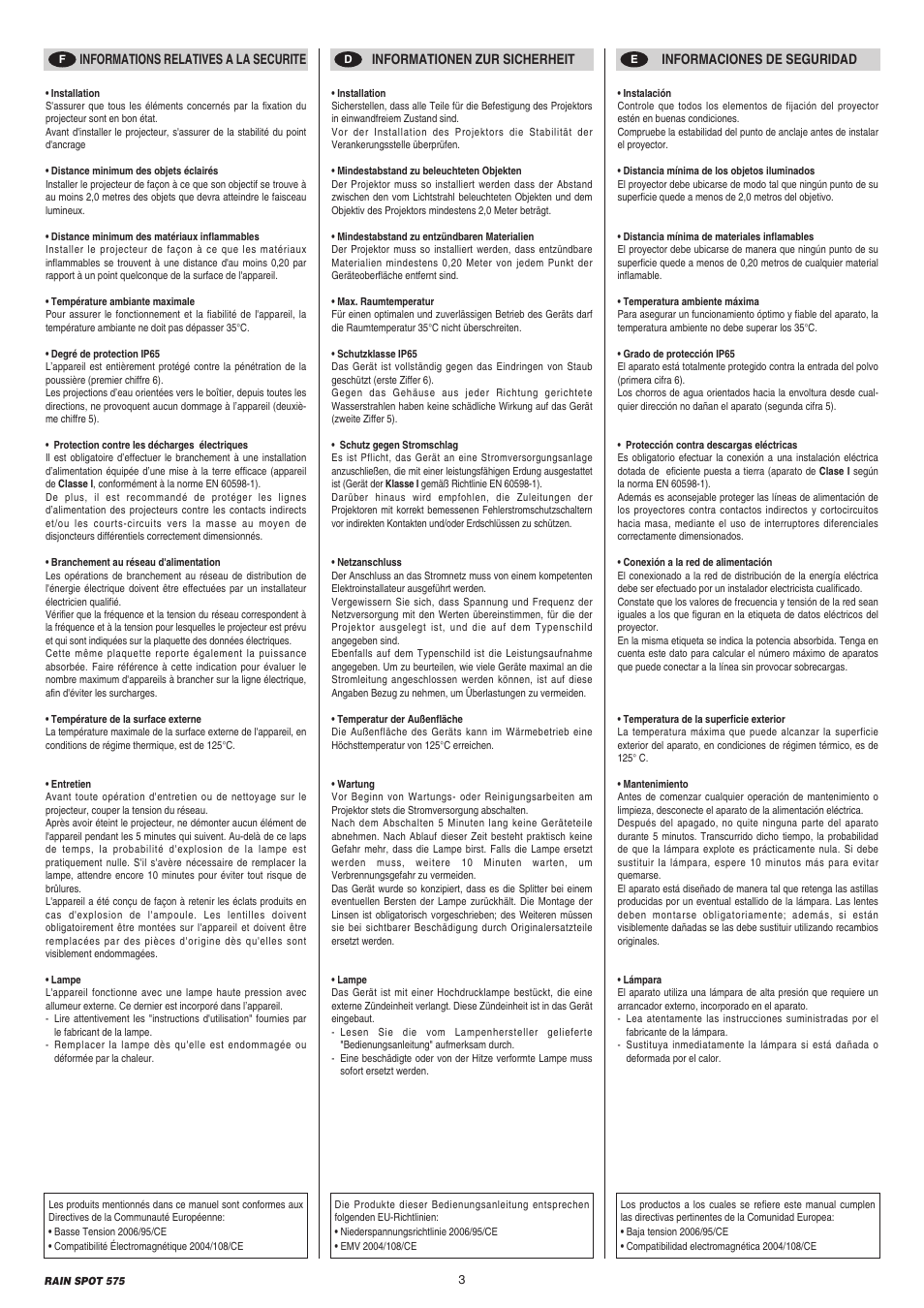 Clay Paky RAIN SPOT 575 (MSR 575W) User Manual | Page 3 / 24