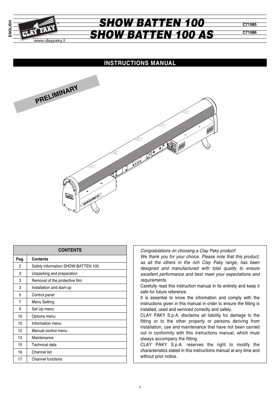 Clay Paky SHOW BATTEN 100 AS (C71086) PRELIMINARY User Manual | 20 pages