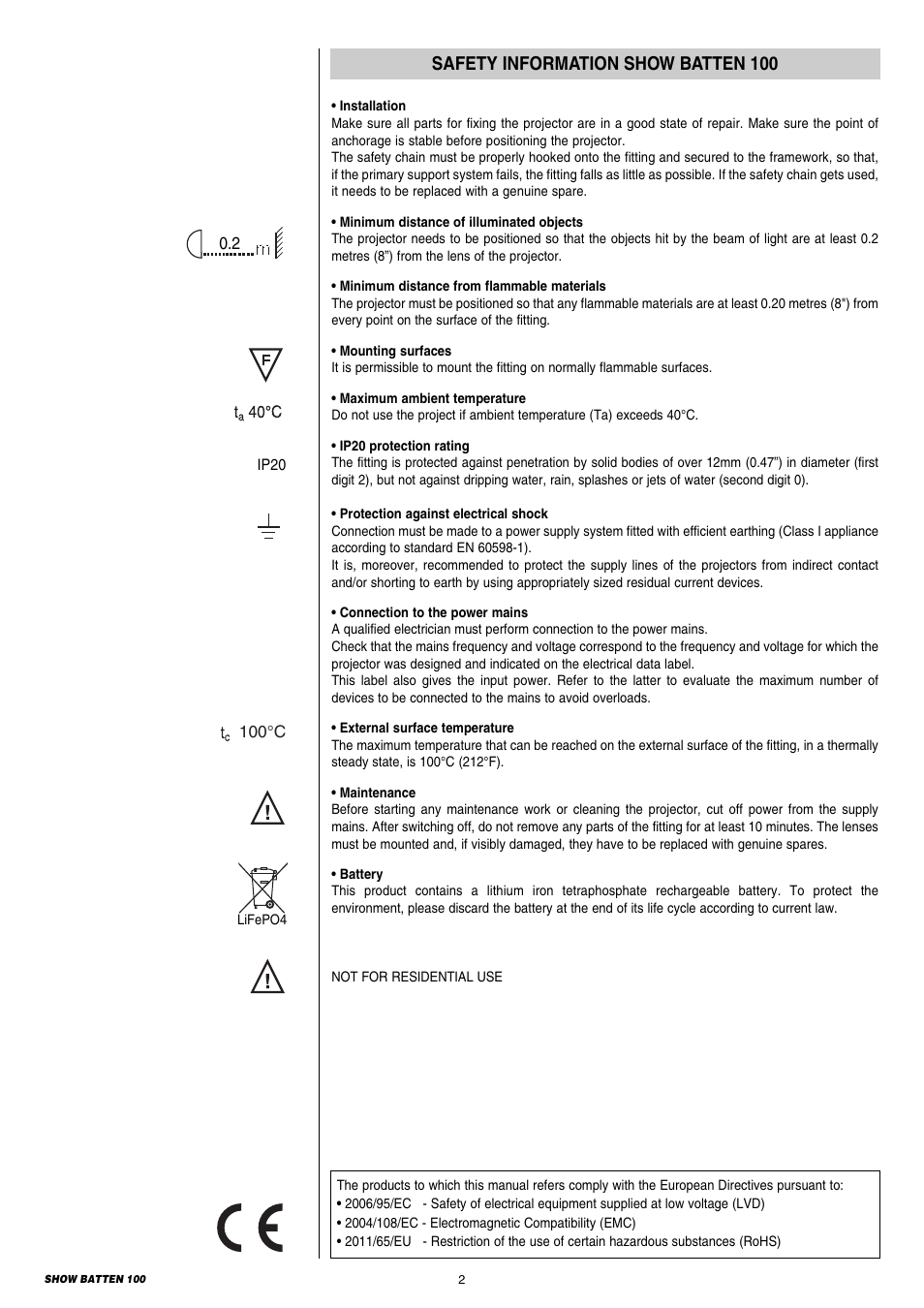 Safety information show batten 100 | Clay Paky SHOW BATTEN 100 AS (C71086) PRELIMINARY User Manual | Page 2 / 20