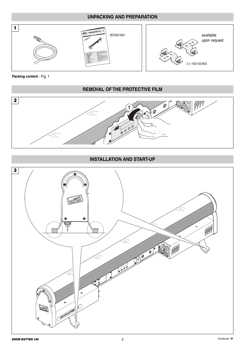 Unpacking and preparation, Removal of the protective film, 12 installation and start-up 3 | Clay Paky SHOW BATTEN 100 AS (C71086) PRELIMINARY User Manual | Page 3 / 20