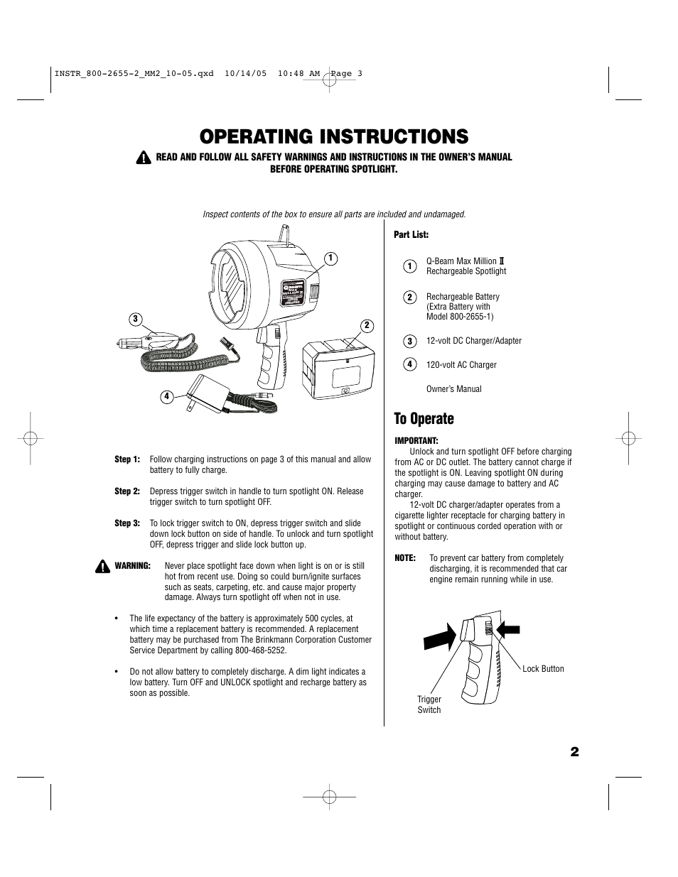 Operating instructions | Brinkmann Rechargeble Spotlight 800-2655-2 User Manual | Page 3 / 8