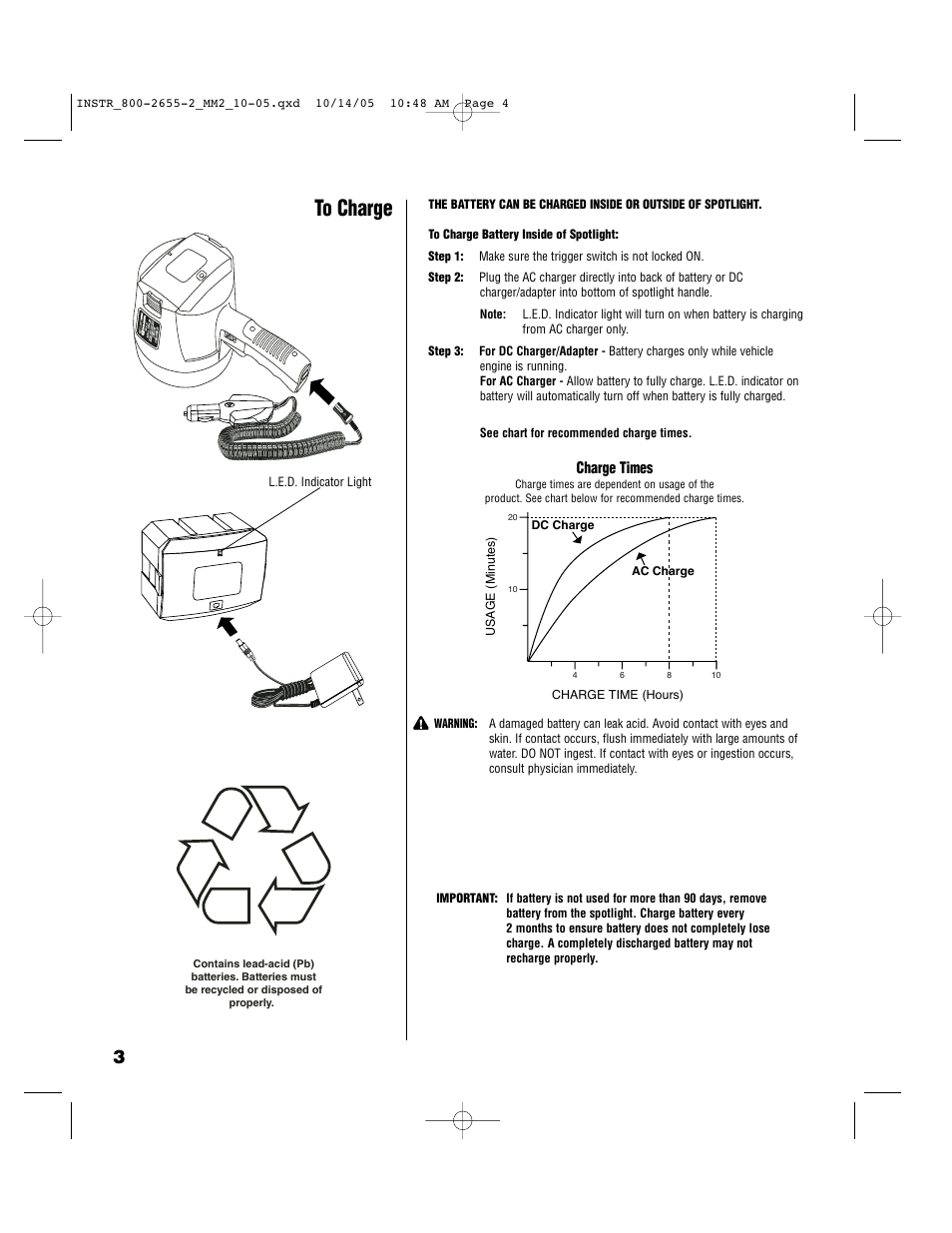 Charge times | Brinkmann Rechargeble Spotlight 800-2655-2 User Manual | Page 4 / 8